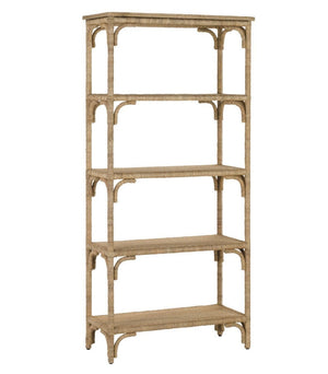 The Olisa Etagere by Currey and Company is a tall rectangular wooden bookshelf with five open shelves, decorative corner supports, and subtle braided Abaca accents, shown against a plain white background.