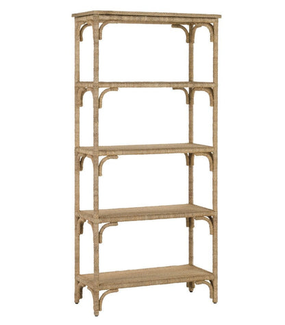 The Olisa Etagere by Currey and Company is a tall rectangular wooden bookshelf with five open shelves, decorative corner supports, and subtle braided Abaca accents, shown against a plain white background.