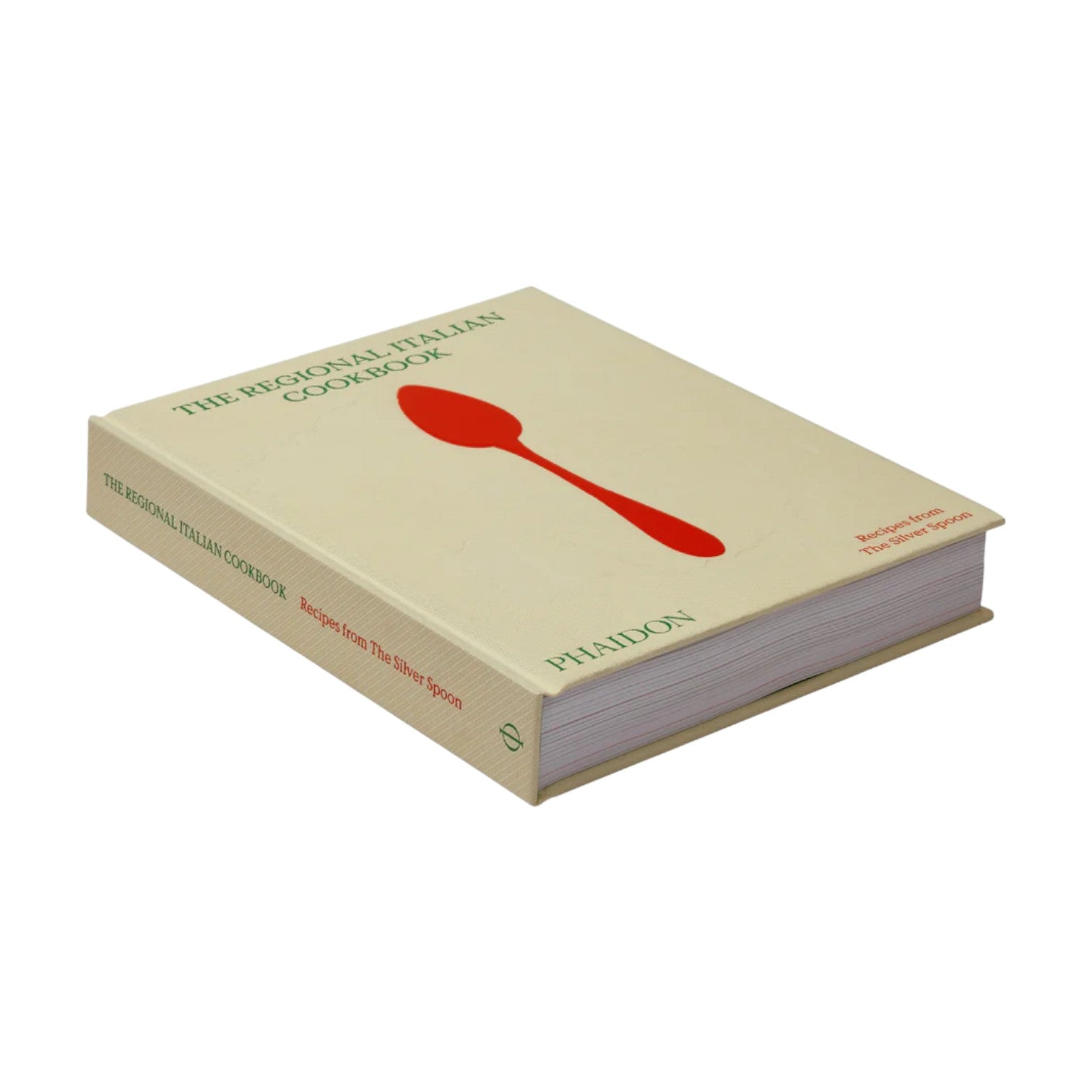 Phaidon's "The Regional Italian Cookbook" is a hardcover with a beige minimalist cover and red spoon illustration—perfect for fans of The Silver Spoon and anyone seeking authentic Italian recipes.