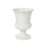 The Juliska Berry & Thread Petite Parterre Whitewash Garden Vase Collection features white ceramic vases with scalloped rims, decorative details, and pedestal bases in a classic whitewash glaze, shown against a plain background.