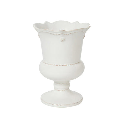 The Juliska Berry & Thread Petite Parterre Whitewash Garden Vase Collection features white ceramic vases with scalloped rims, decorative details, and pedestal bases in a classic whitewash glaze, shown against a plain background.