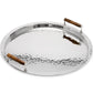 From the ezrad Bamboo and Stainless Steel Decor Collection, this round silver serving tray features hammered stainless steel and two bamboo handles, combining modern elegance with natural accents.