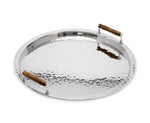 The EDZARD Bamboo and Stainless Steel Decor Collection features a round serving tray with a hammered finish and bamboo handles, blending modern elegance with natural style for any occasion.