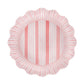 The Juliska Cabana Stripe Melamine Dinnerware Collection features a round, shatterproof melamine plate with ruffle trim, pink and white vertical stripes in the center, and radiating lines along the rim—perfect for everyday use.