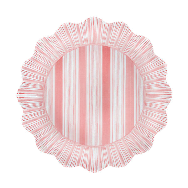 The Juliska Cabana Stripe Melamine Dinnerware Collection features a round, shatterproof melamine plate with ruffle trim, pink and white vertical stripes in the center, and radiating lines along the rim—perfect for everyday use.