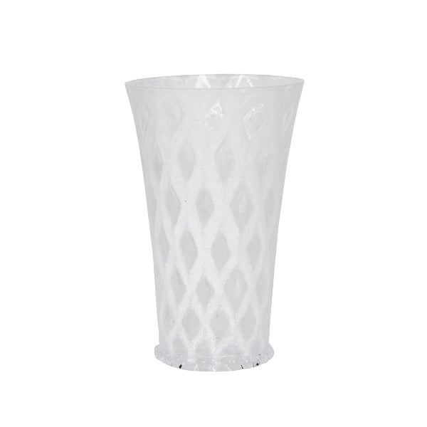 The Juliska Trellis Drinkware Collection features a clear, tall plastic lemonade glass with a textured diamond pattern, blending modern style and classic aesthetics, shown upright on a white background.