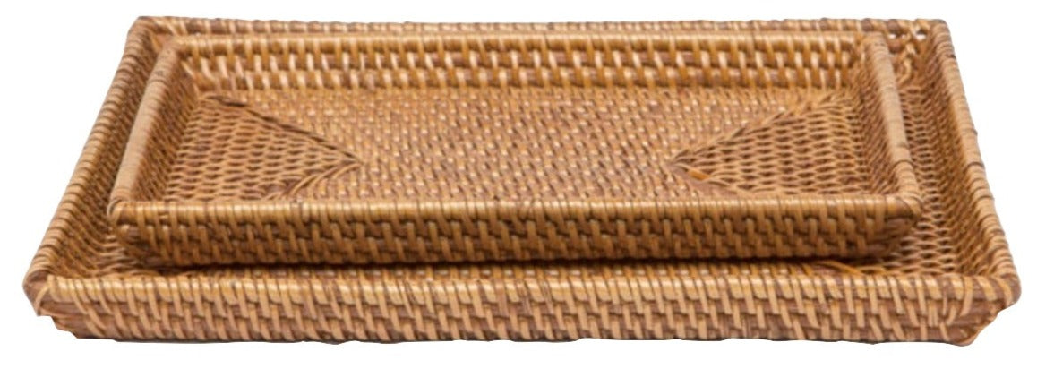 The Dalton Bath Collection by Pigeon & Poodle features two handcrafted rectangular rattan trays with raised edges and intricate woven patterns, designed to nest inside each other.