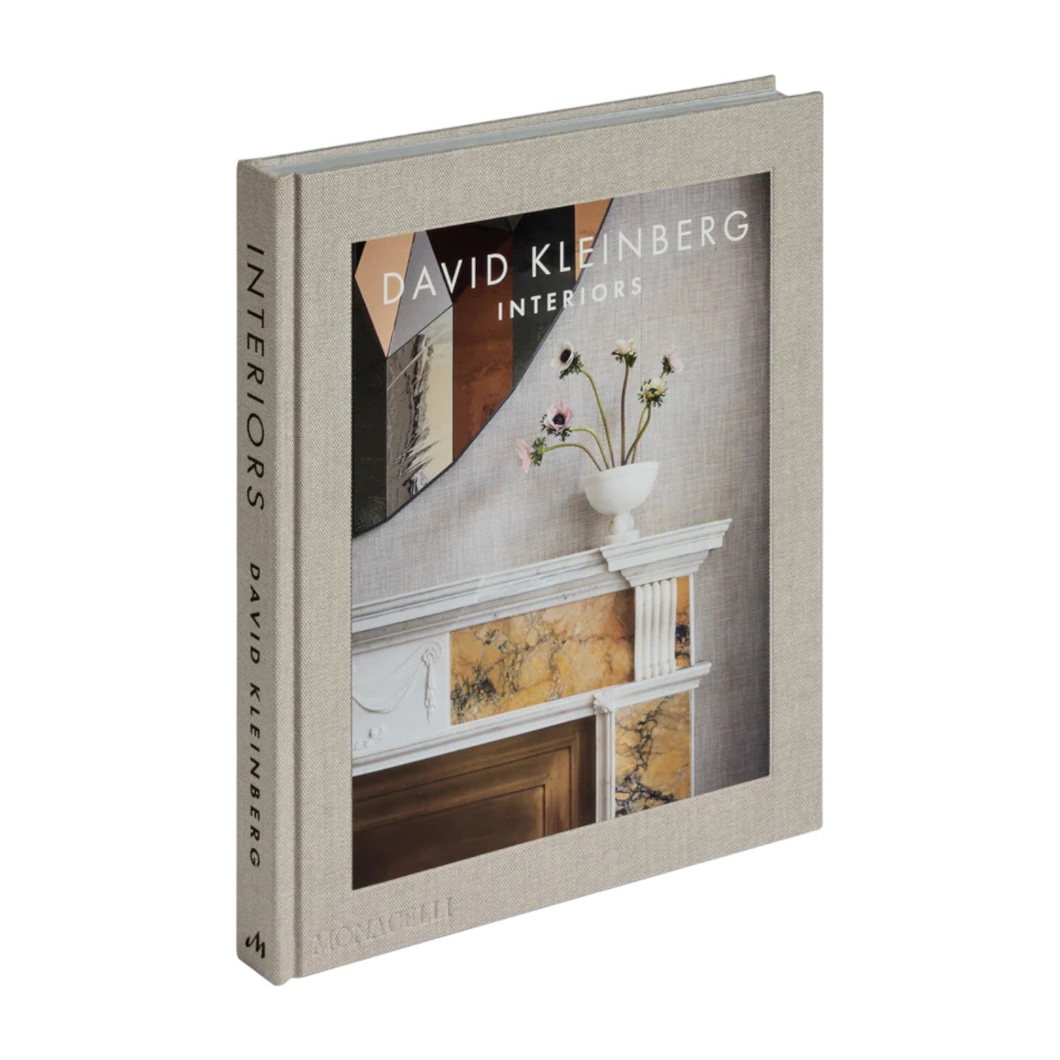 Interiors" by Phaidon is a hardcover book featuring a cover photo of a mantel with a vase of flowers, offering inspiration for luxury homes and sophisticated interior design.