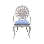 Hive's Vintage Shell Chair Set features elegant white wood with ornate shell-shaped backs, curved armrests, and blue upholstered seats—perfect mid-century accent seating for any space. Shown on a plain white background.