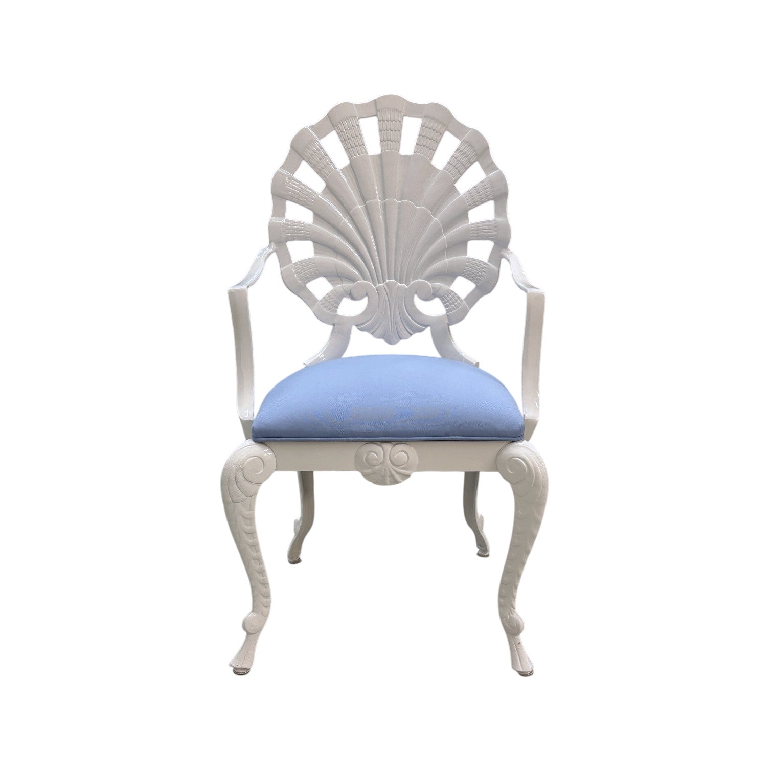 Hive's Vintage Shell Chair Set features elegant white wood with ornate shell-shaped backs, curved armrests, and blue upholstered seats—perfect mid-century accent seating for any space. Shown on a plain white background.