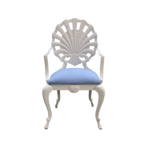 Hive's Vintage Shell Chair Set features elegant white wood with ornate shell-shaped backs, curved armrests, and blue upholstered seats—perfect mid-century accent seating for any space. Shown on a plain white background.