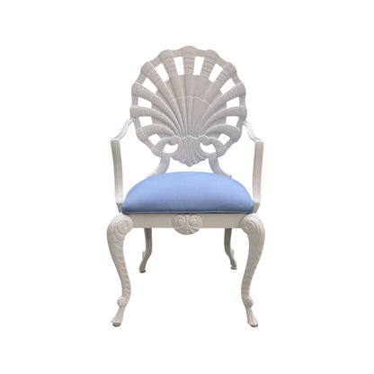 Hive's Vintage Shell Chair Set features elegant white wood with ornate shell-shaped backs, curved armrests, and blue upholstered seats—perfect mid-century accent seating for any space. Shown on a plain white background.