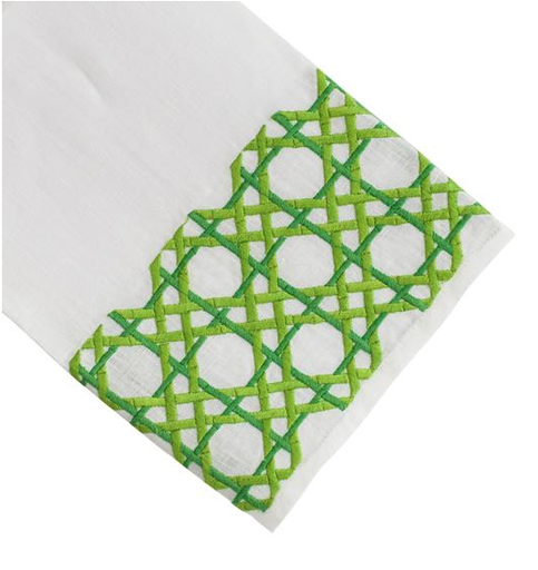 Introducing the Cane Bath Collection by Haute Home: White Italian linen, featuring a geometric green and teal embroidered pattern along one edge—an elegant choice for a tissue box cover or refined tip towel.
