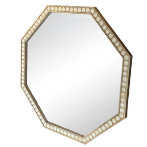 The Bojay Octagonal Wood Inlay Mirror features a wooden frame with circular decorative accents and an elegant inlay design around the border.