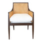 A modern cane chair inspired by the Wallace Chair, featuring a beech frame with a dark brown finish, cane back and sides, and a white cushioned seat—shown from the front. From Hickory Chair.