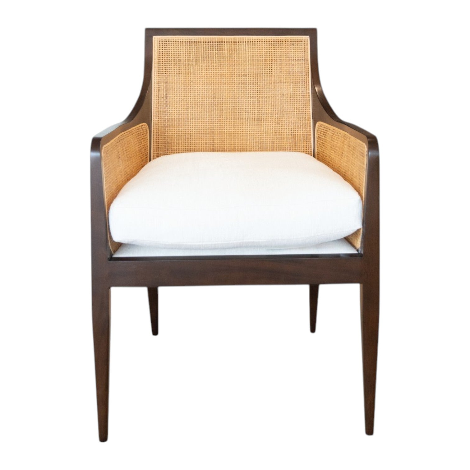 A modern cane chair inspired by the Wallace Chair, featuring a beech frame with a dark brown finish, cane back and sides, and a white cushioned seat—shown from the front. From Hickory Chair.