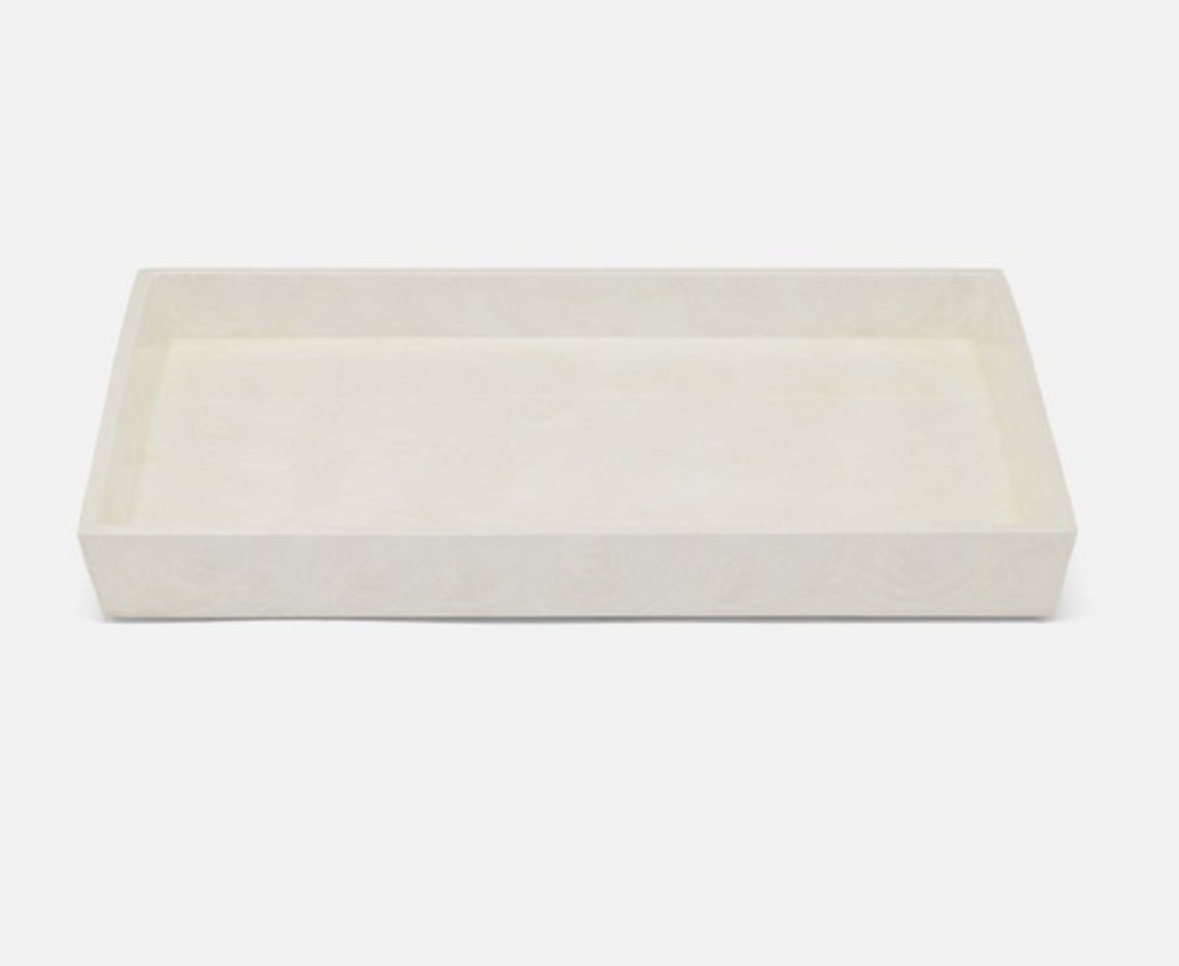 Rectangular off-white Navagio Bath Collection tray with low sides and a spiraled burl resin finish.