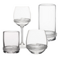 The Juliska Dean Drinkware Collection features a set of four clear double old fashioned glasses, each crafted from mouth-blown glass with a decorative silver textured band around the base.
