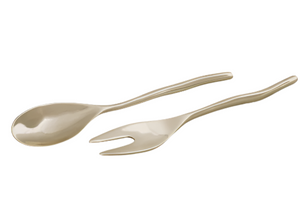 The Beatriz Ball Sierra Modern Maia Salad Servers include a metal serving spoon and fork with curved handles, displayed side by side on a white background.