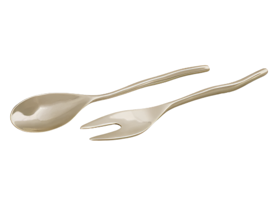 A silver spoon and spork with sleek, curved handles reveal a luxurious metallic finish against a white backdrop, mirroring the elegance of the Beatriz Ball Sierra Modern Maia Salad Servers.