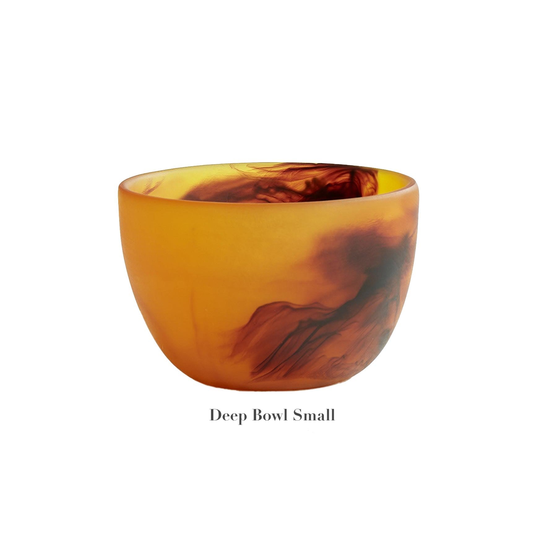 A small, round amber bowl with marbled dark patterns from the Tortoise Resin Serveware Collection by Nashi Home, crafted from shatter-resistant resin—perfect for stylish home decor. Labeled "Deep Bowl Small" underneath.