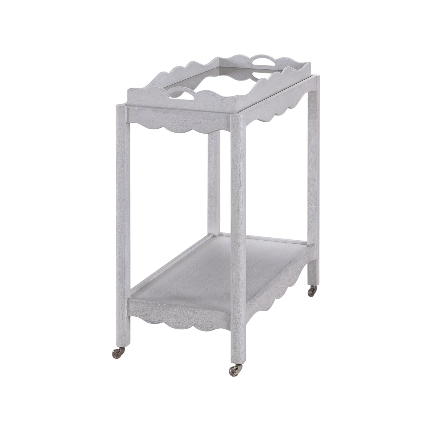 The Lawson Bar Cart by Branch Home features a light gray wood finish, scalloped edges, two spacious shelves, and four small caster wheels—an elegant choice for stylish drink service.