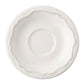 A white ceramic saucer with a scalloped edge and beaded trim from Juliska's Berry & Thread Classic Whitewash Dinnerware Collection, viewed from above.