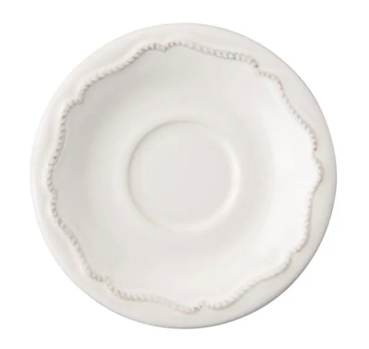 A white ceramic saucer with a scalloped edge and beaded trim from Juliska's Berry & Thread Classic Whitewash Dinnerware Collection, viewed from above.
