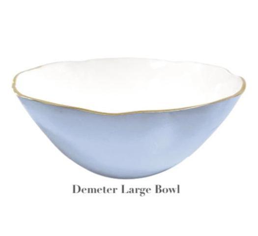 The Demeter Large Bowl from the Beatriz Ball Encanto Periwinkle Serveware Collection features a white enameled interior, pale blue exterior, scalloped gold-edged rim, and is crafted from durable aluminum alloy.