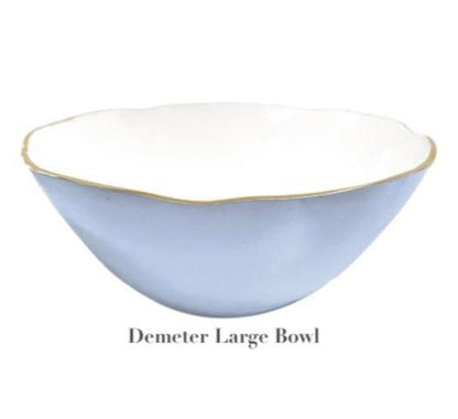 The Demeter Large Bowl from the Beatriz Ball Encanto Periwinkle Serveware Collection features a white enameled interior, pale blue exterior, scalloped gold-edged rim, and is crafted from durable aluminum alloy.
