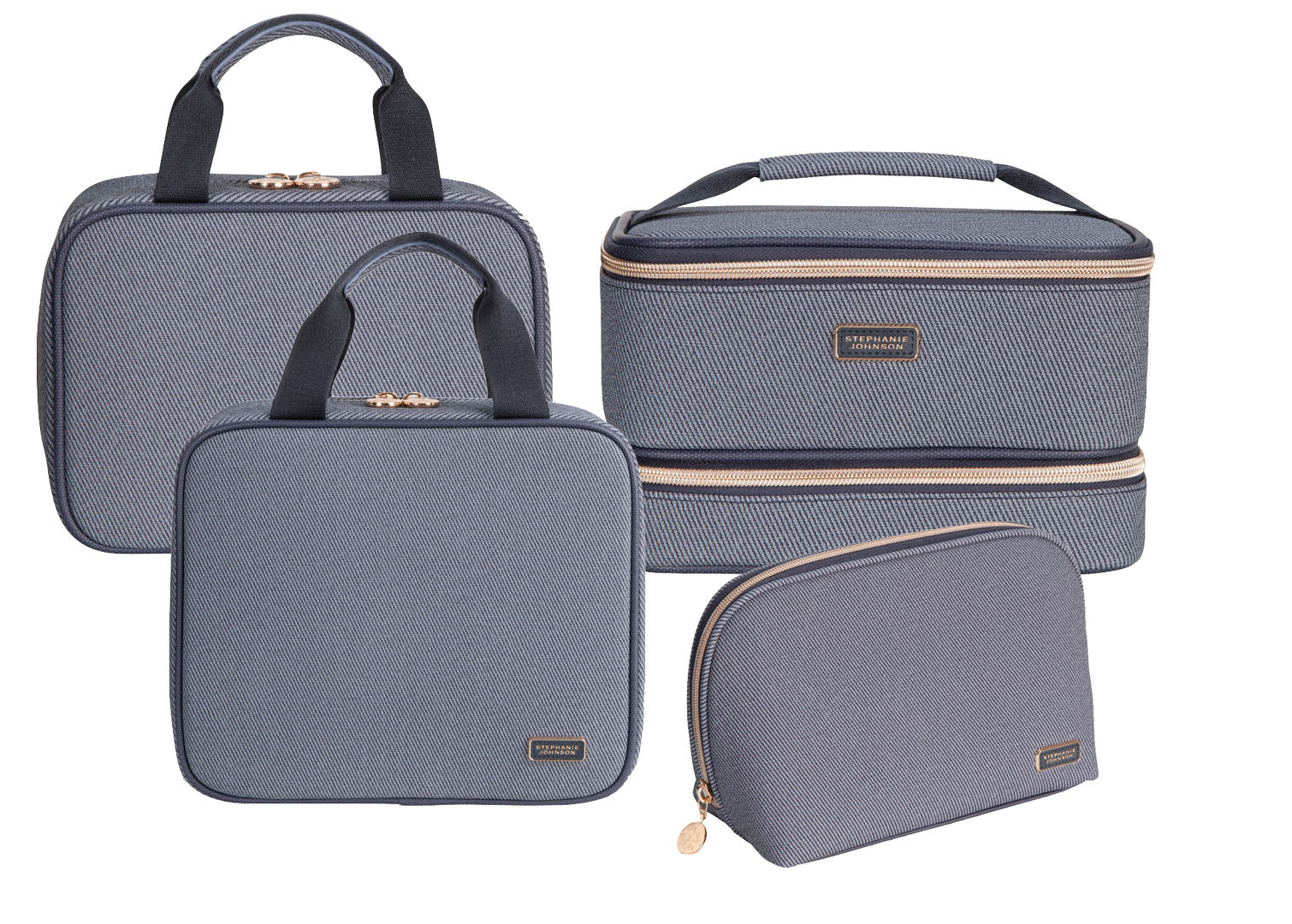 The Stephanie Johnson Denim Travel Collection features four zippered organizer bags in assorted shapes and sizes, ideal for use as makeup bags or cosmetic cases, shown against a white background.