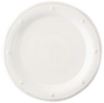 A round white ceramic dinner plate from Juliska’s Berry & Thread Classic Whitewash Dinnerware Collection, featuring a subtle beaded edge and small raised dot accents along the rim.