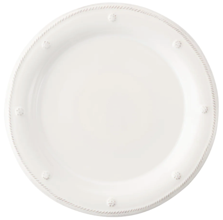A round white ceramic dinner plate from Juliska’s Berry & Thread Classic Whitewash Dinnerware Collection, featuring a subtle beaded edge and small raised dot accents along the rim.