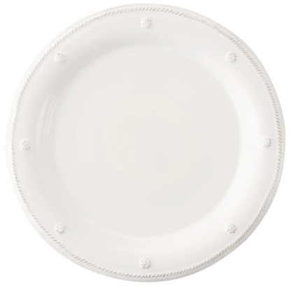 A round white ceramic dinner plate from Juliska’s Berry & Thread Classic Whitewash Dinnerware Collection, featuring a subtle beaded edge and small raised dot accents along the rim.