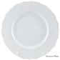 A round white dessert plate from the Empire White Dinnerware Collection by Anna Weatherley, crafted in fine porcelain with a textured lattice-patterned rim and scalloped edges. Made in Portugal, shown on a plain background.