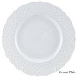 A round white dessert plate from the Empire White Dinnerware Collection by Anna Weatherley, crafted in fine porcelain with a textured lattice-patterned rim and scalloped edges. Made in Portugal, shown on a plain background.