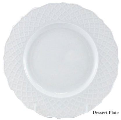 A round white dessert plate from the Empire White Dinnerware Collection by Anna Weatherley, crafted in fine porcelain with a textured lattice-patterned rim and scalloped edges. Made in Portugal, shown on a plain background.