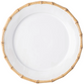 A white ceramic plate with a light brown bamboo-style rim from Juliska’s Classic Bamboo Dinnerware Collection, photographed from above on a white background, exudes casual elegance and global charm.