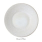 A round, white dessert plate from the Jars Vuelta White Pearl Collection features a subtle textured pattern and perle glaze finish, labeled "Dessert Plate" below it.