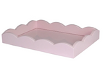 The Scalloped Edge Lacquer Tray in Pale Pink by Addison Ross is a shallow rectangular tray with scalloped edges, shown against a white background. This elegant piece adds charm and sophistication to any setting.