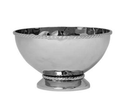 The Juliska Graham Cocktail Bowl features polished hammered stainless steel, a textured surface, and a rope-like signature thread motif around the rim and base with a reflective finish.