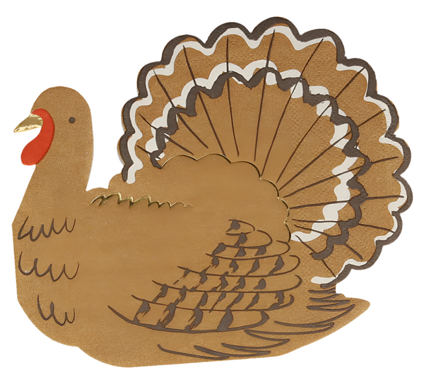 The Meri Meri Turkey Napkins feature a charming brown turkey design with a red wattle, intricate tail feather patterns, and simplistic body designs, making them the perfect addition to your Thanksgiving table.