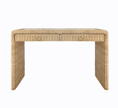 The Adrien Desk by Worlds Away is a rectangular woven rattan desk with two front drawers and brass ring handles, offering a natural texture and minimalist design—ideal for an elegant workspace.