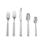 The Simon Pearce Woodstock 5-Piece Flatware Setting includes two forks, a knife, a tablespoon, and a teaspoon arranged on a white background—ideal for modern table settings.