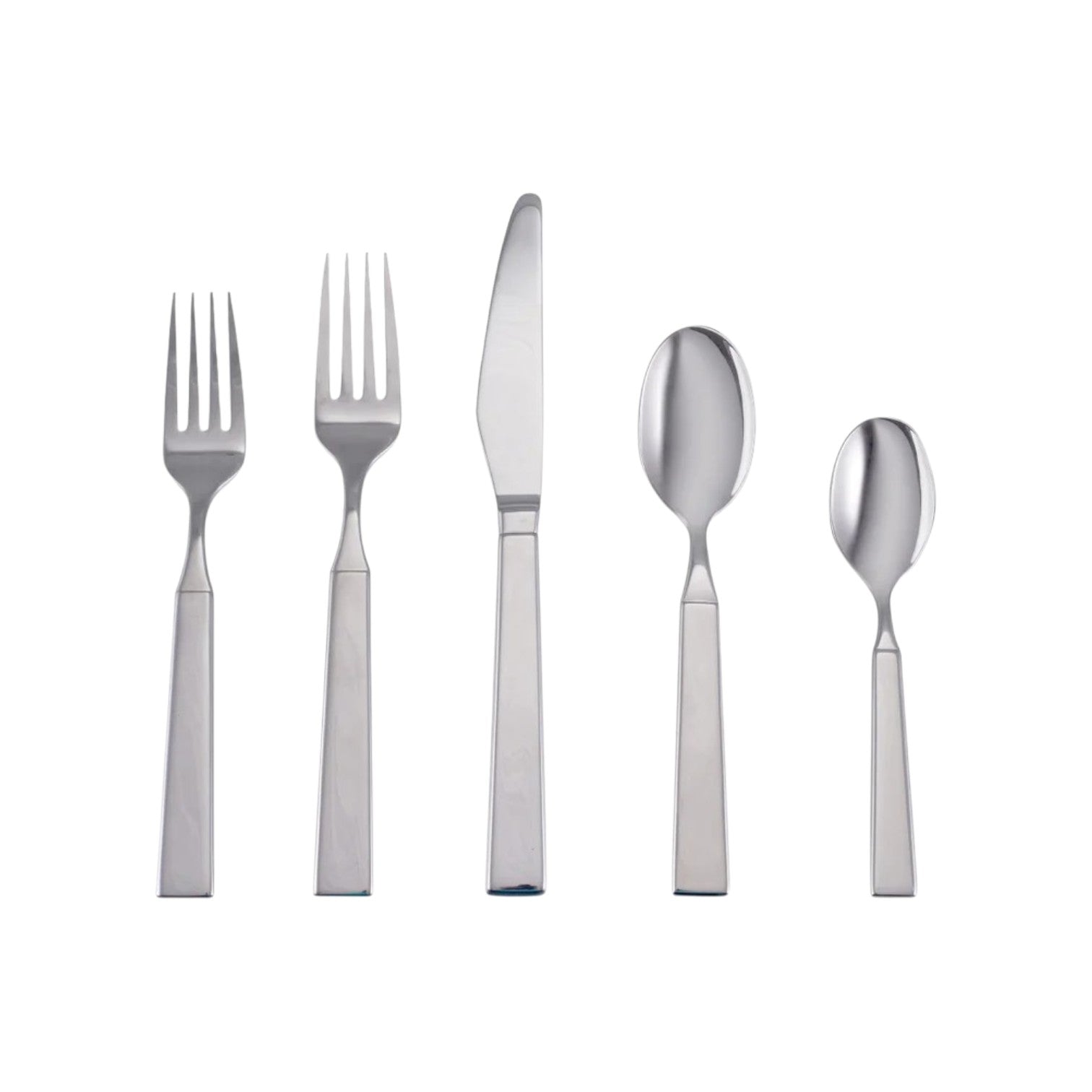 The Simon Pearce Woodstock 5-Piece Flatware Setting includes two forks, a knife, a tablespoon, and a teaspoon arranged on a white background—ideal for modern table settings.