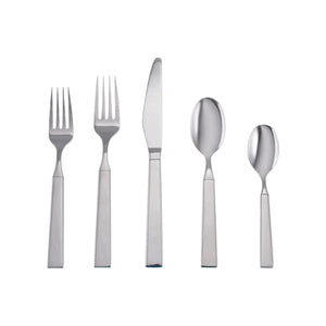 The Simon Pearce Woodstock 5-Piece Flatware Setting includes two forks, a knife, a tablespoon, and a teaspoon arranged on a white background—ideal for modern table settings.