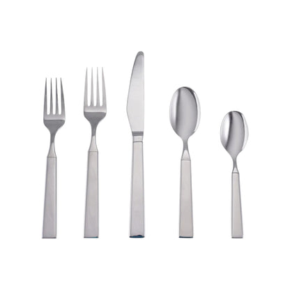 The Simon Pearce Woodstock 5-Piece Flatware Setting includes two forks, a knife, a tablespoon, and a teaspoon arranged on a white background—ideal for modern table settings.