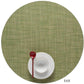 A white cup and saucer with a red spoon sit atop a green Chilewich Round Placemat, labeled "Dill" in the lower right corner and crafted from Terrastrand yarns.