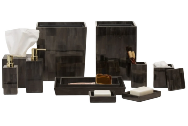 The Pigeon & Poodle Arles Bath Collection by Pigeon & Poodle offers elegant black bathroom accessories, including soap dispensers, trays, tissue boxes, and small containers. Enhance your bathroom decor with sophisticated style in various colors to fit any aesthetic.