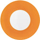 The Tresor Orange Dinnerware Collection by Raynaud features a white porcelain plate with a wide, hand-painted textured orange rim, viewed from above.